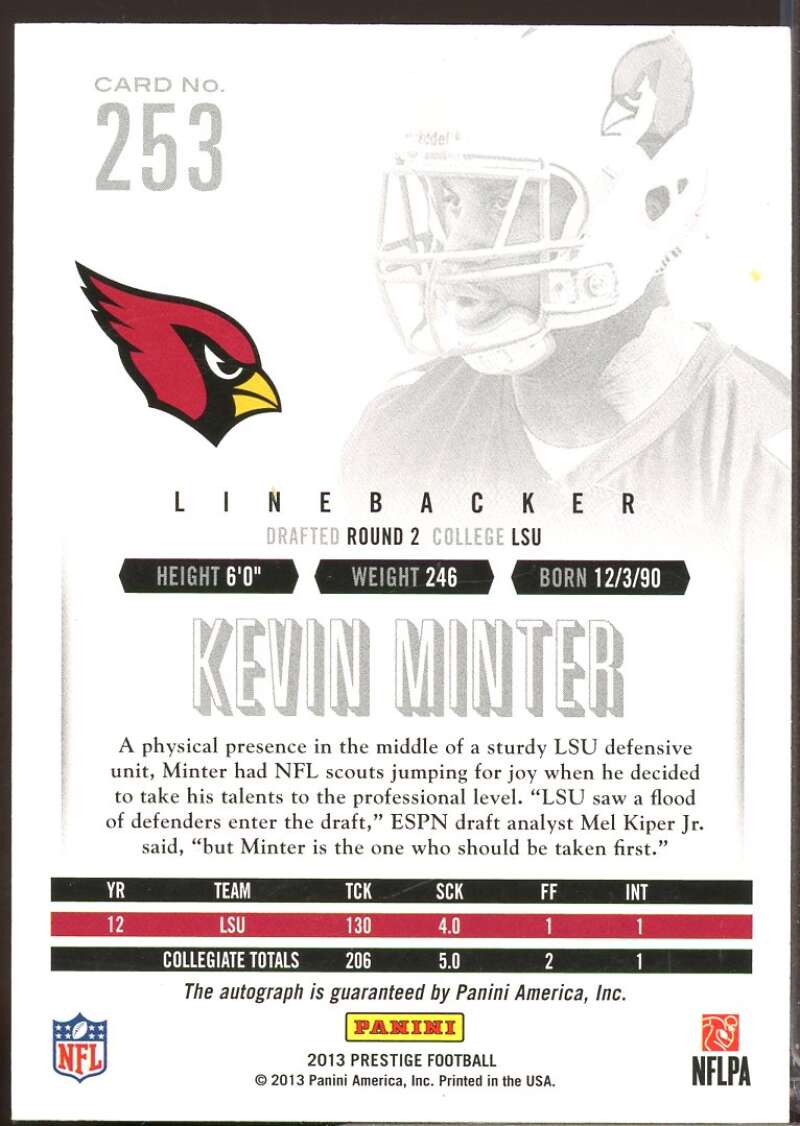 Kevin Minter Card 2013 Prestige Extra Points Blue Rookie Autographs #253  Image 2