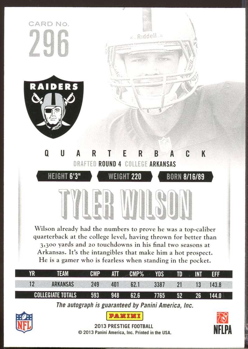 Tyler Wilson Card 2013 Prestige Extra Points Blue Rookie Autographs #296  Image 2