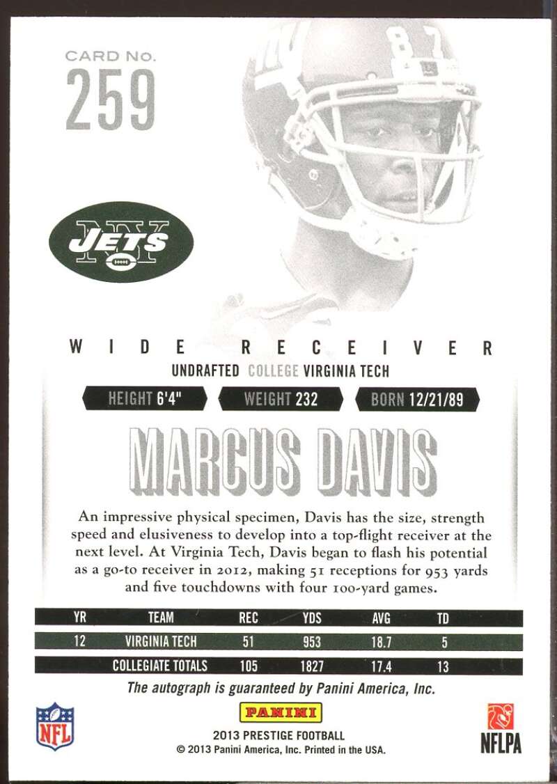 Marcus Davis Card 2013 Prestige Extra Points Blue Rookie Autographs #259  Image 2
