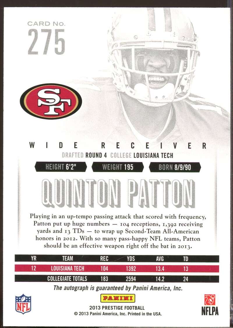 Quinton Patton Card 2013 Prestige Extra Points Red Rookie Autographs #275  Image 2