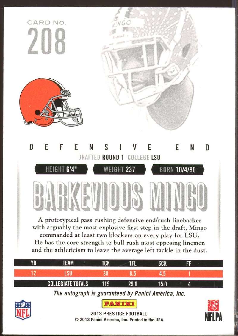 Barkevious Mingo Card 2013 Prestige Extra Points Purple Rookie Autographs #208  Image 2