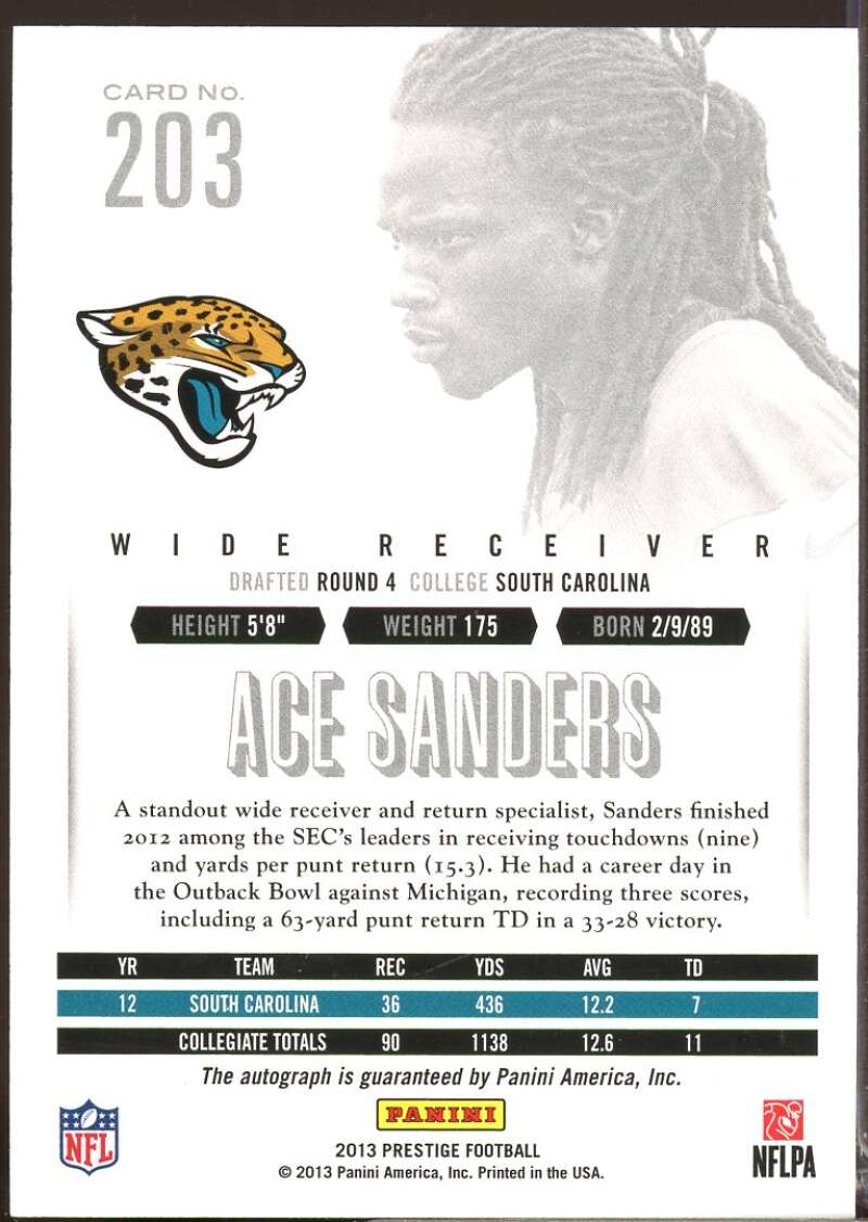 Ace Sanders Card 2013 Prestige Extra Points Gold Rookie Autographs #203  Image 2