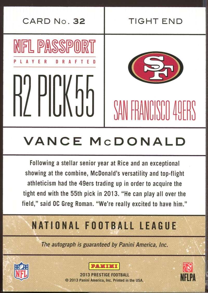 Vance McDonald Card 2013 Prestige NFL Passport Rookie Autographs #32  Image 2