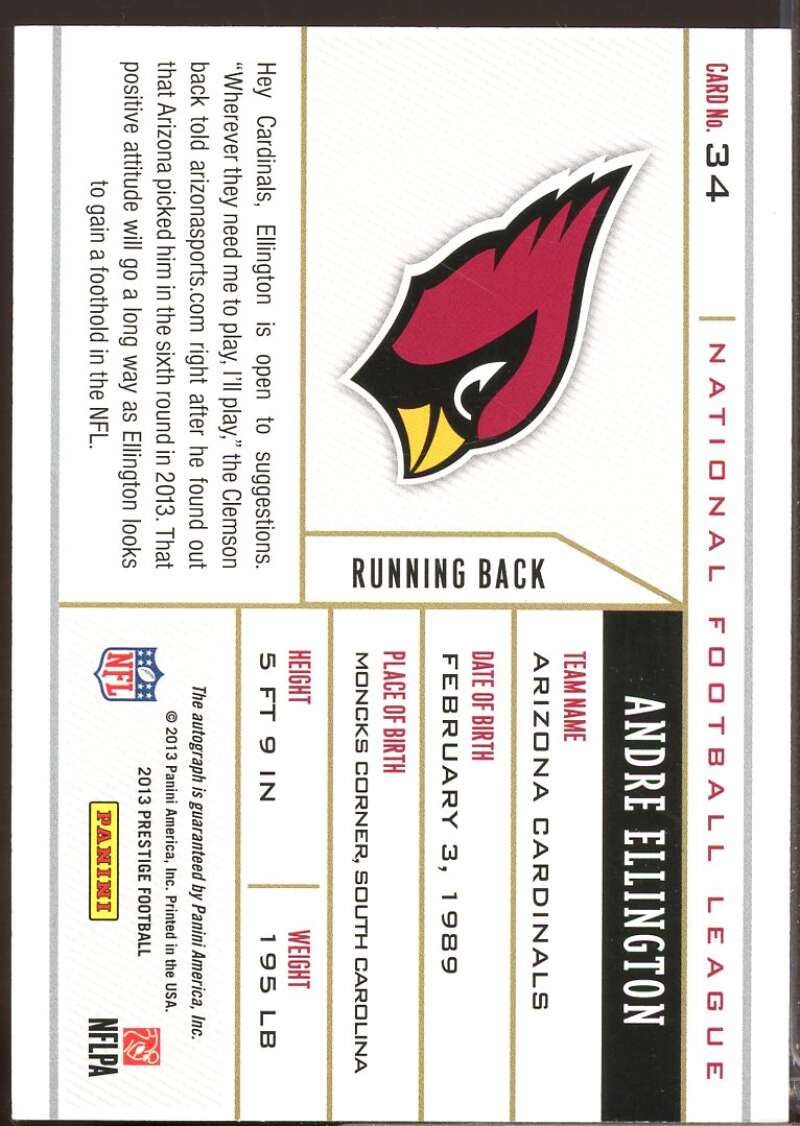 Andre Ellington Card 2013 Prestige NFL Draft Tickets Rookie Autographs #34  Image 2