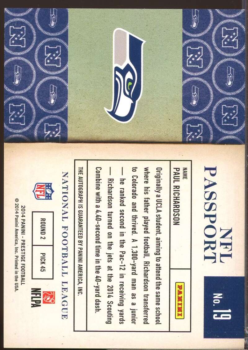 Paul Richardson Card 2014 Prestige NFL Passport Rookie Autograph #18  Image 2