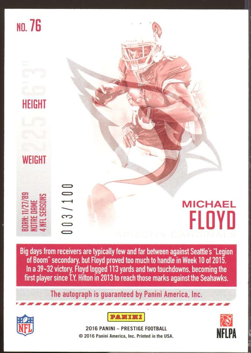 Michael Floyd /100 Card 2016 Prestige Autographs Xtra Points Purple #76  Image 2