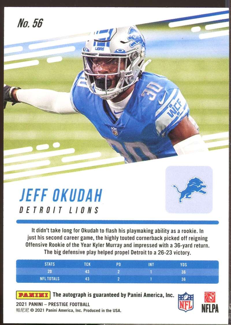 Jeff Okudah Card 2021 Prestige Xtra Points Autograph Signatures Premium Red #56  Image 2