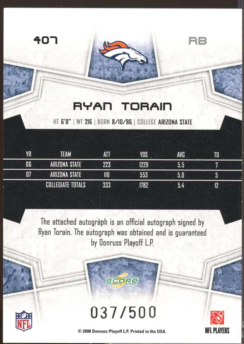 Ryan Torain /500 Card 2008 Select Inscriptions Autograph #407  Image 2