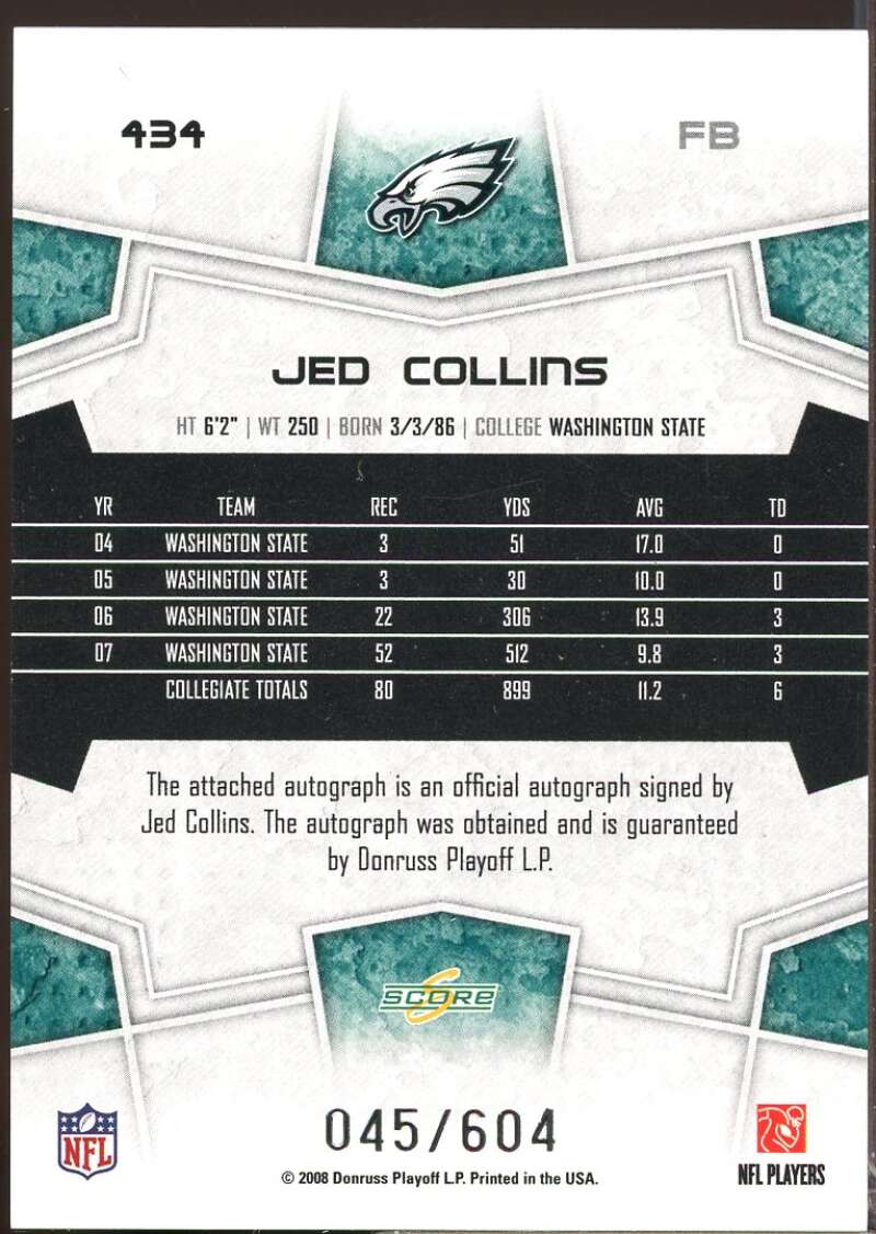 Jed Collins /604 Card 2008 Select Inscriptions Autograph #434  Image 2