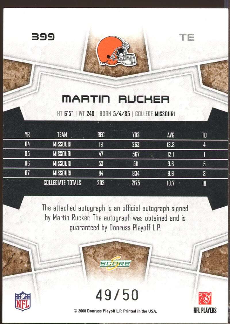 Martin Rucker /50 Card 2008 Select Rookie Autographs Gold Zone #399  Image 2