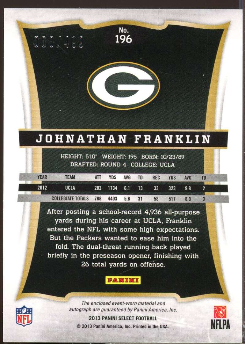Johnathan Franklin /499 Card 2013 Select Rookie Jersey Autographs #196  Image 2
