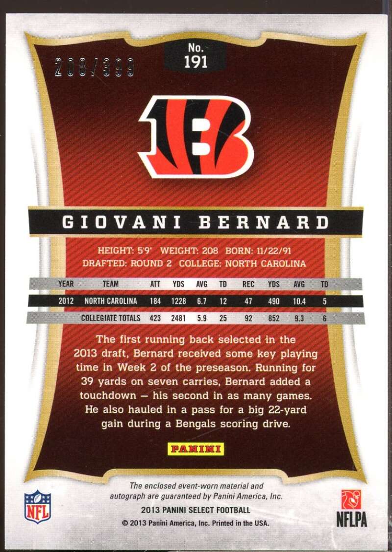 Giovani Bernard /399 Card 2013 Select Rookie Jersey Autographs #191  Image 2