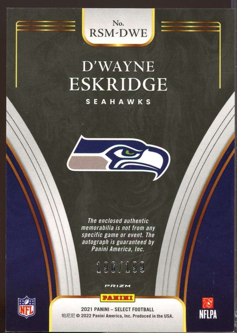 D'Wayne Eskridge /199 Card 2021 Select Rookie Jersey Autograph Prizm #26  Image 2