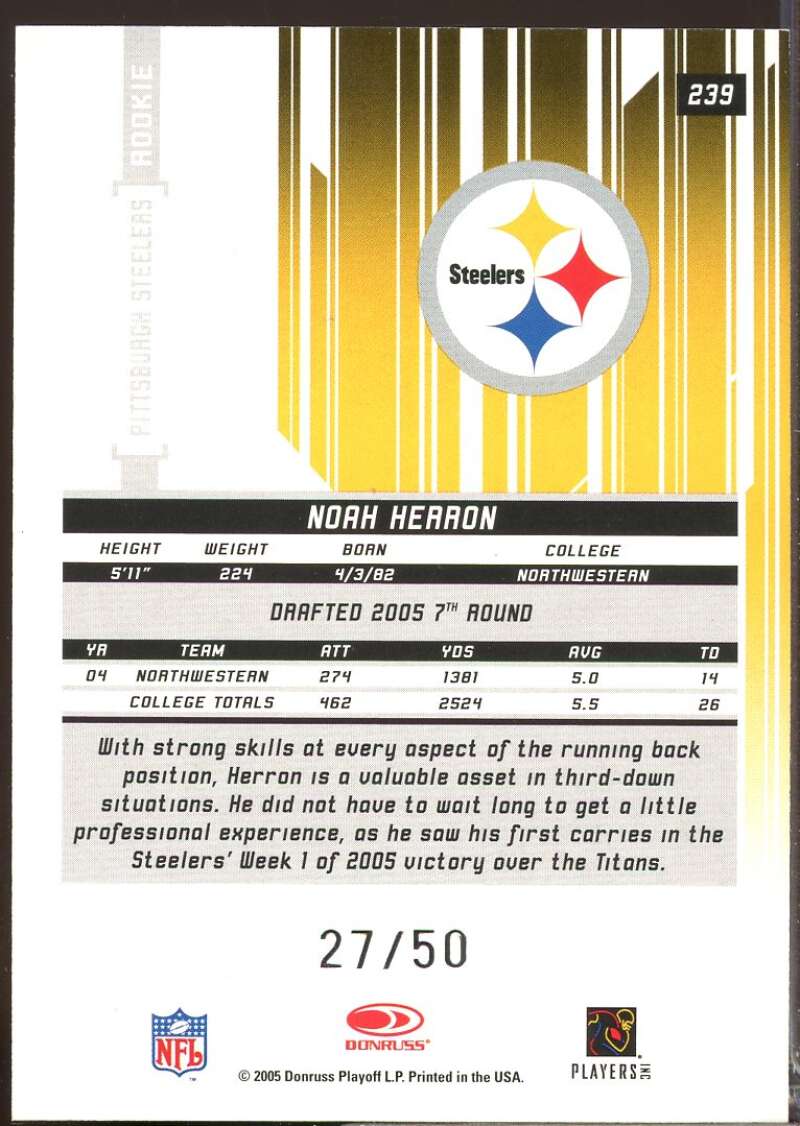 Noah Herron 2005 Leaf Rookies and Stars Rookie Auto Longevity Parallel #239  Image 2