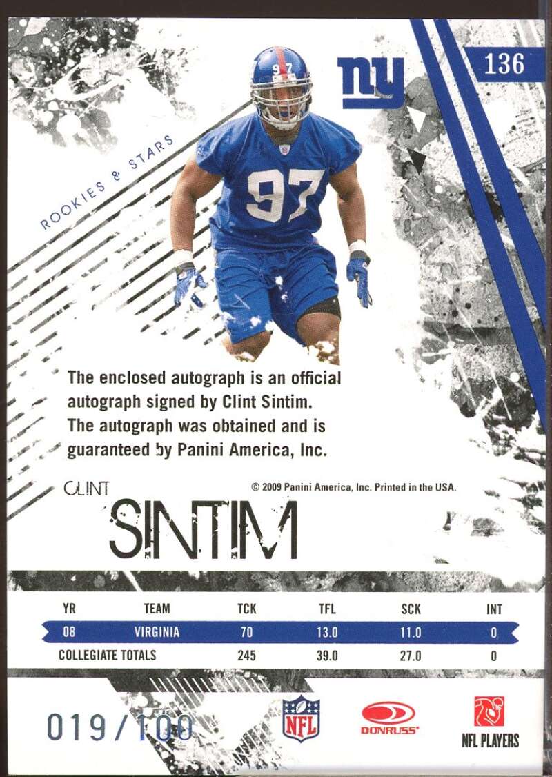 Clint Sintim /100 2009 Donruss Rookies and Stars Rookie Autograph Holofoil #136  Image 2