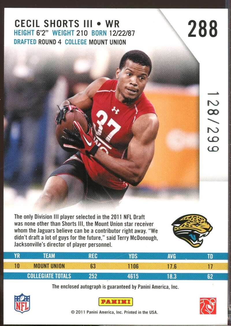 Cecil Shorts III RC Card 2011 Rookies and Stars Rookie Autograph #288  Image 2