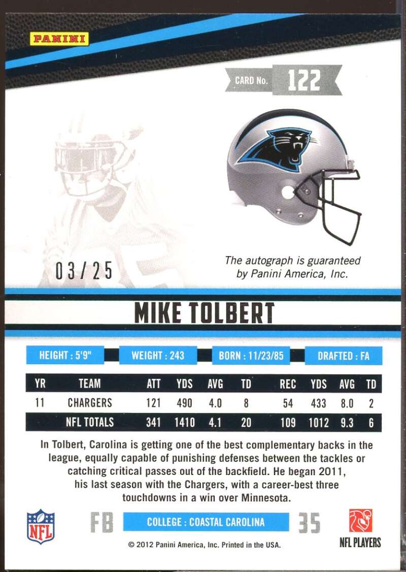 Mike Tolbert /25 Card 2012 Rookies and Stars Autographs #122  Image 2
