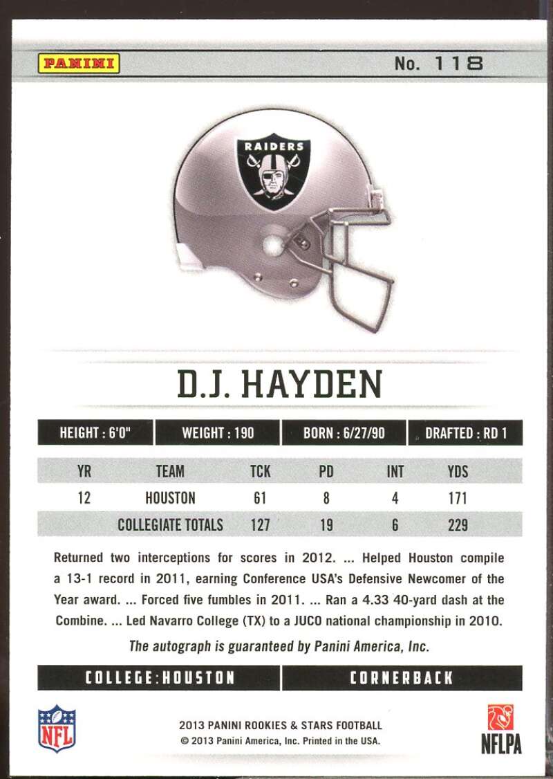 D.J. Hayden 2013 Rookies and Stars Rookie Autographs Longevity Holofoil #118  Image 2