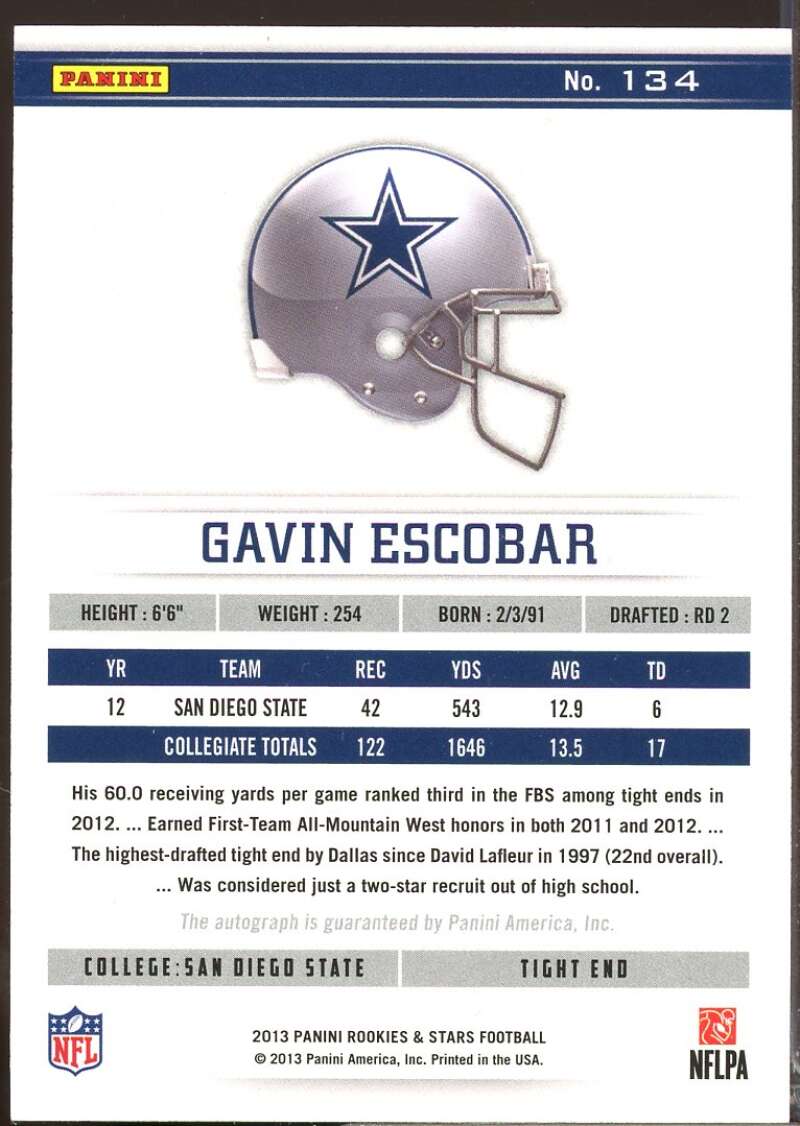 Gavin Escobar 2013 Rookies and Stars Rookie Autographs Team Logo Holofoil #134  Image 2
