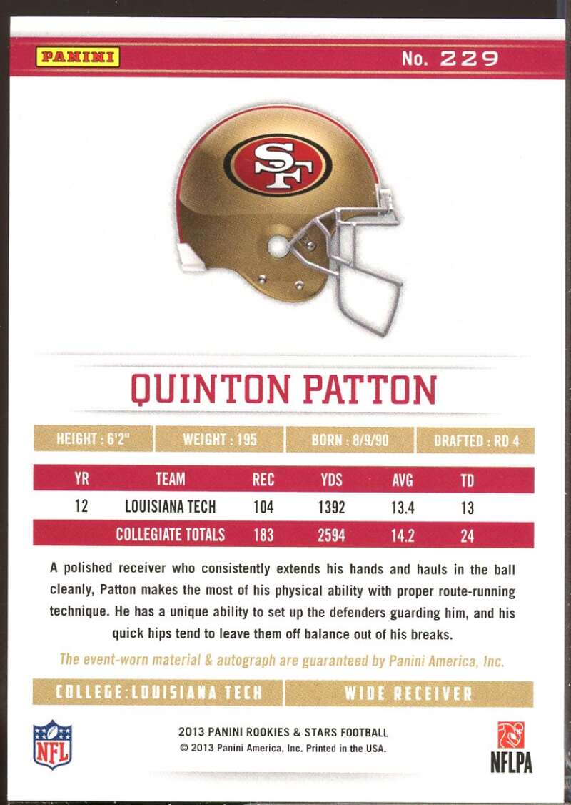 Quinton Patton 2013 Rookies Stars Rookie Jersey Autographs Longevity Gold #229  Image 2