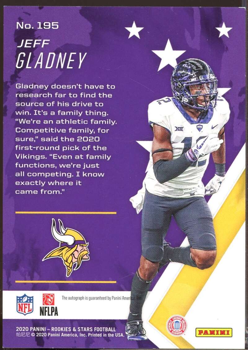 Jeff Gladney /199 Card 2020 Rookies and Stars Rookies Longevity Autograph #195  Image 2