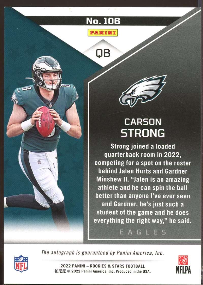 Carson Strong /125 Card 2022 Rookies and Stars Rookie Autograph Orange #106  Image 2