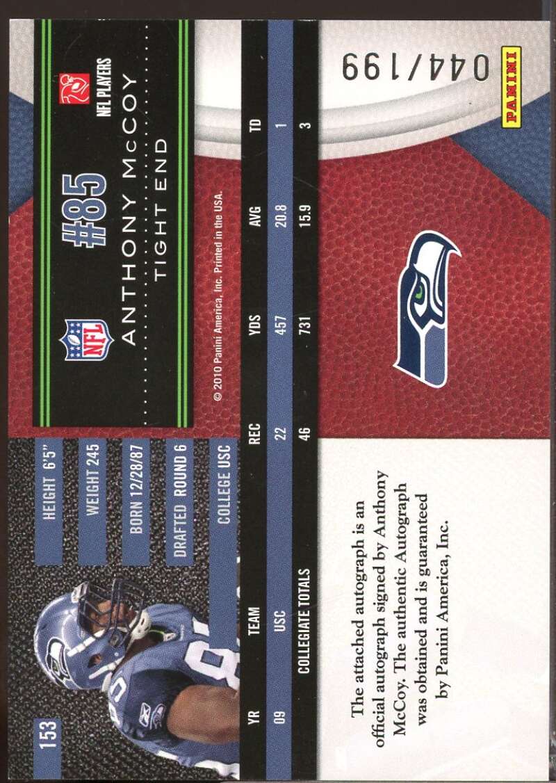 Anthony McCoy Card 2010 Limited Phenoms Monikers Autographs Silver #153  Image 2