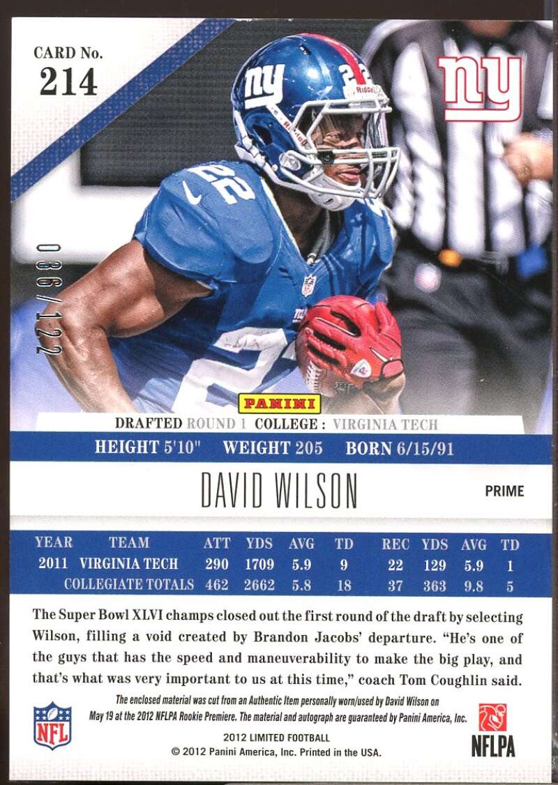 David Wilson /122 RC Card 2012 Limited Phenom Rookie Jersey Autograph #214  Image 2