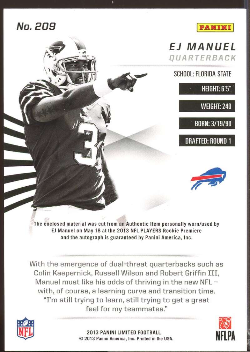 EJ Manuel /299 RC Card 2013 Limited Phenoms Rookie Jersey Autograph #209  Image 2