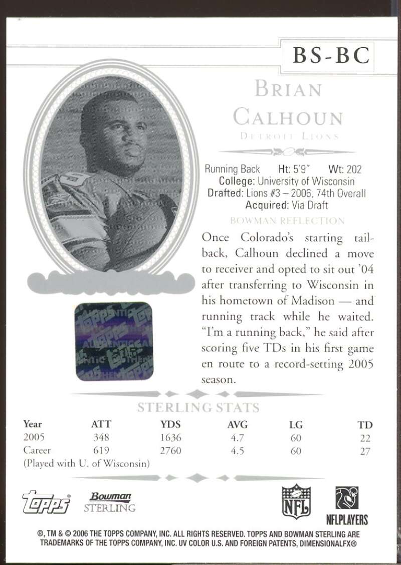 Brian Calhoun RC Card 2006 Bowman Sterling Rookie Jersey Autograph #BC2  Image 2