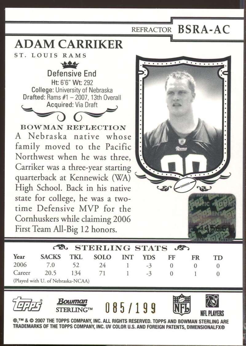 Adam Carriker Card 2007 Bowman Sterling Rookie Autograph Refractors #AC  Image 2