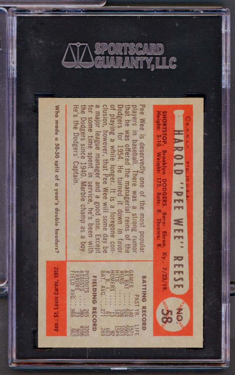 Pee Wee Reese Card 1954 Bowman #58 (pop 2) SGC 9 Image 2
