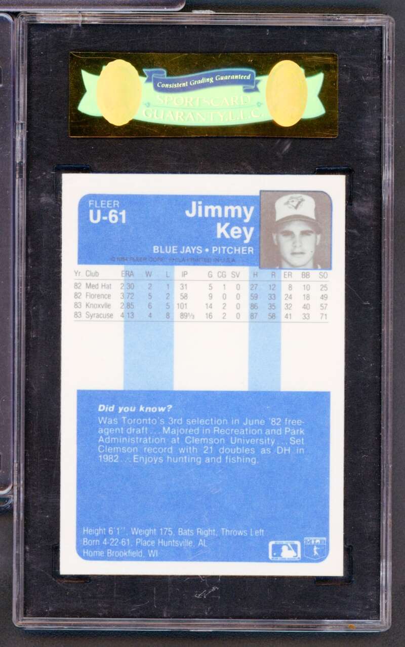Jimmy Key Rookie Card 1984 Fleer Update U-61 SGC 8.5 Image 2