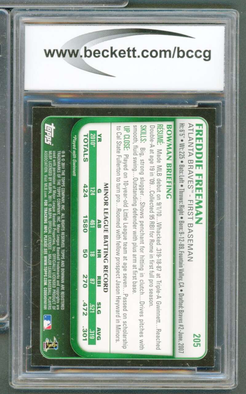 Freddie Freeman Rookie Card 2011 Bowman #205 BGS BCCG 9 Image 2