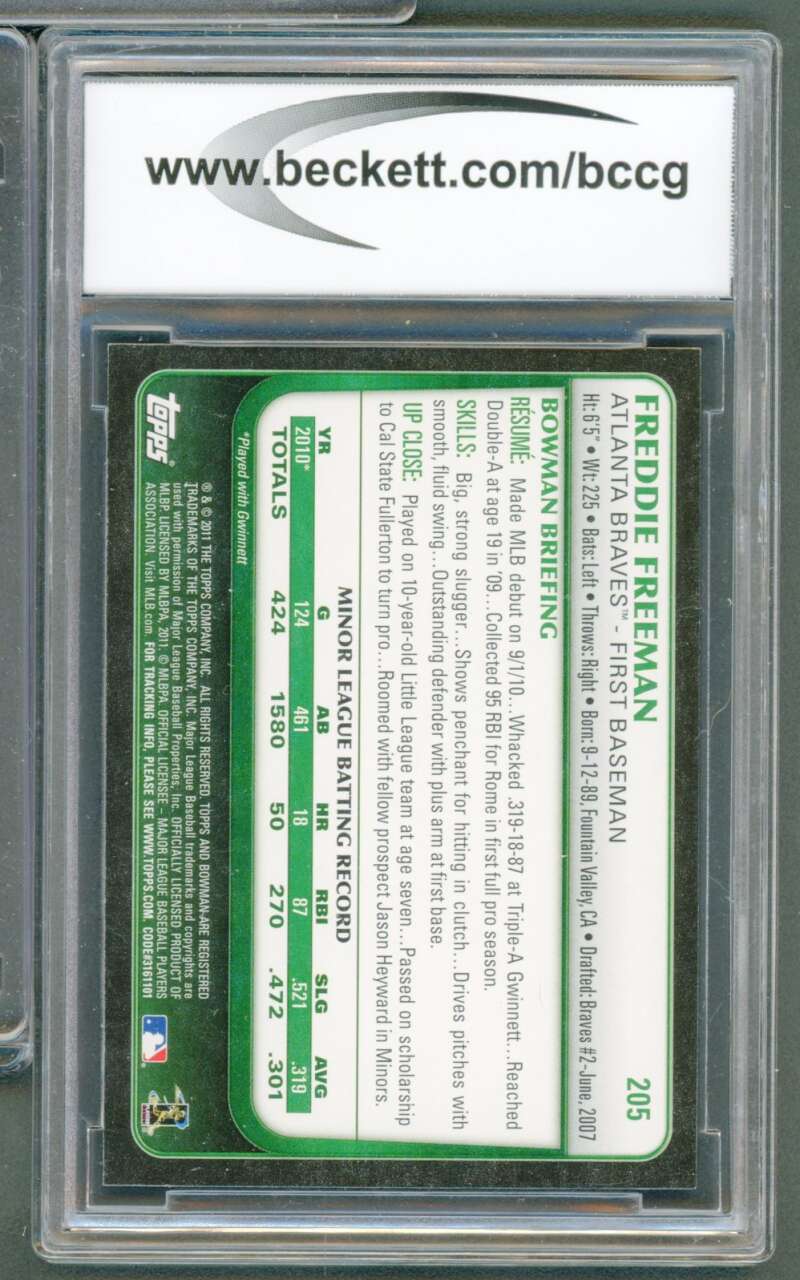 Freddie Freeman Rookie Card 2011 Bowman #205 BGS BCCG 10 Image 2