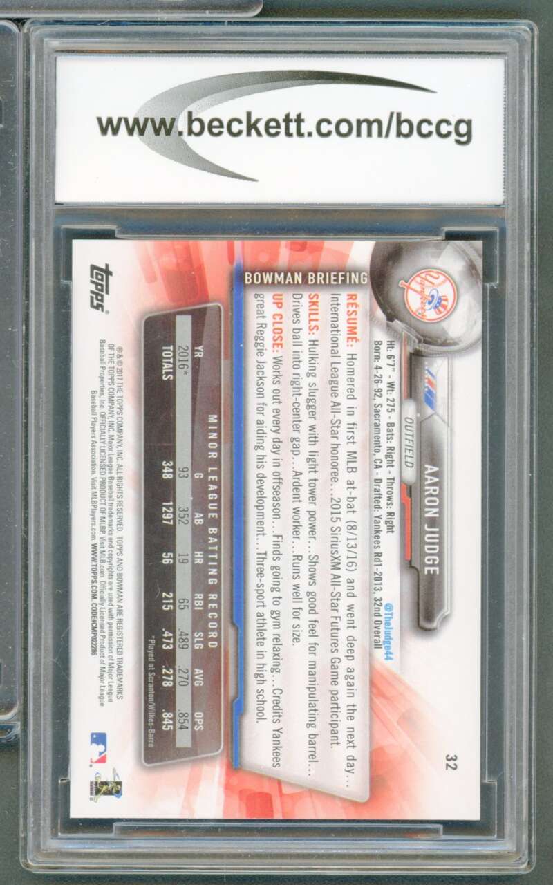 Aaron Judge Rookie Card 2017 Bowman #32 BGS BCCG 9 Image 2