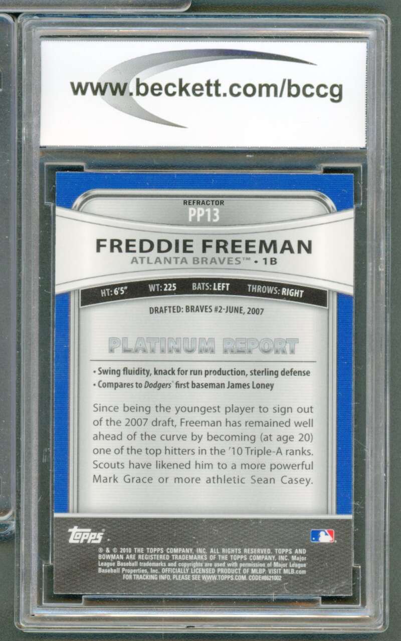 Freddie Freeman Rookie 2010 Bowman Platinum Prospects Purple Ref #13 BGS BCCG 9 Image 2