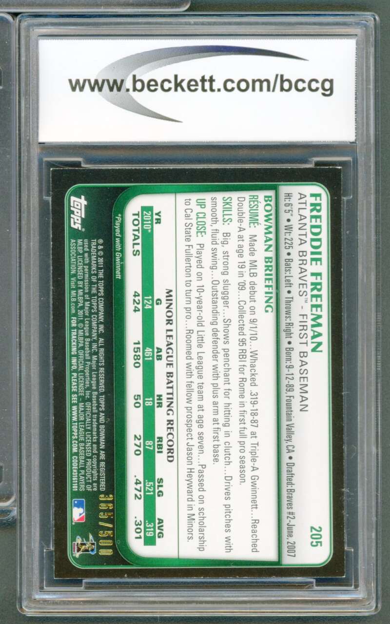 Freddie Freeman Rookie Card 2011 Bowman Blue #205 BGS BCCG 10 Image 2