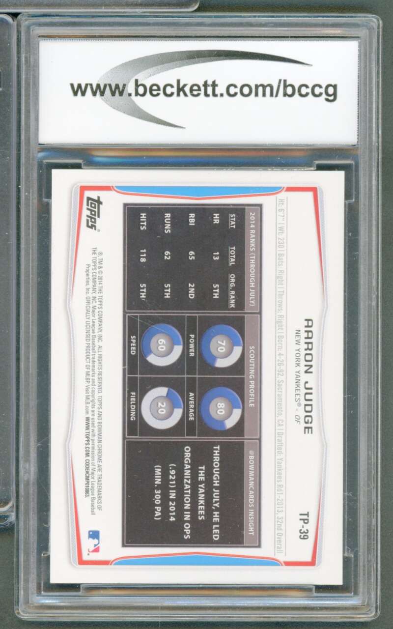 Aaron Judge Rookie Card 2014 Bowman Draft Top Prospects #TP39 BGS BCCG 10 Image 2