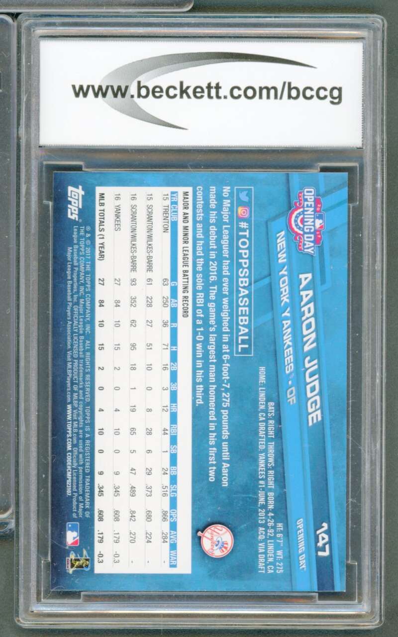 Aaron Judge Rookie Card 2017 Topps Opening Day #147A BGS BCCG 10 Image 2