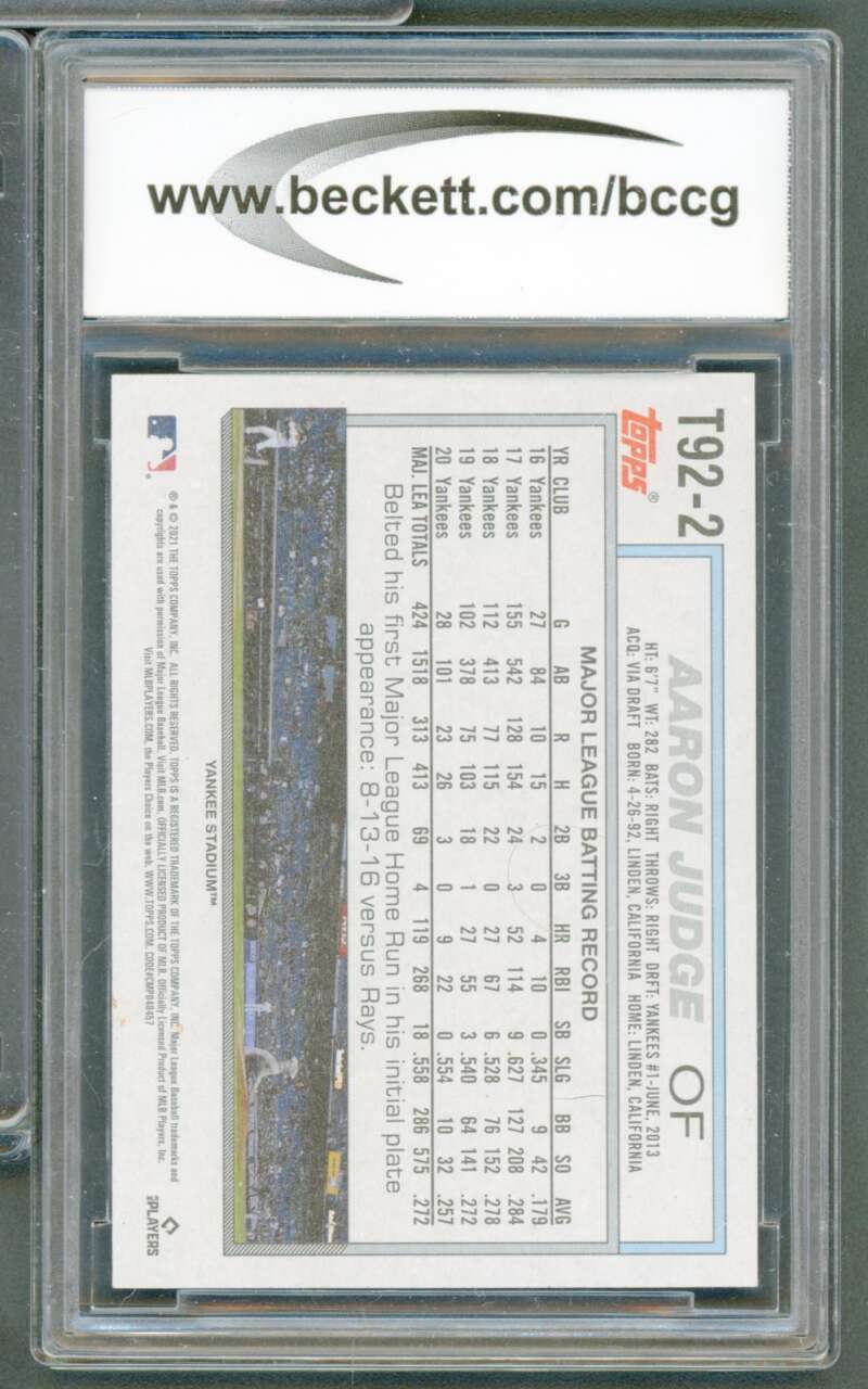 Aaron Judge Card 2021 Topps Update '92 Topps Redux #T922 BGS BCCG 10 Image 2