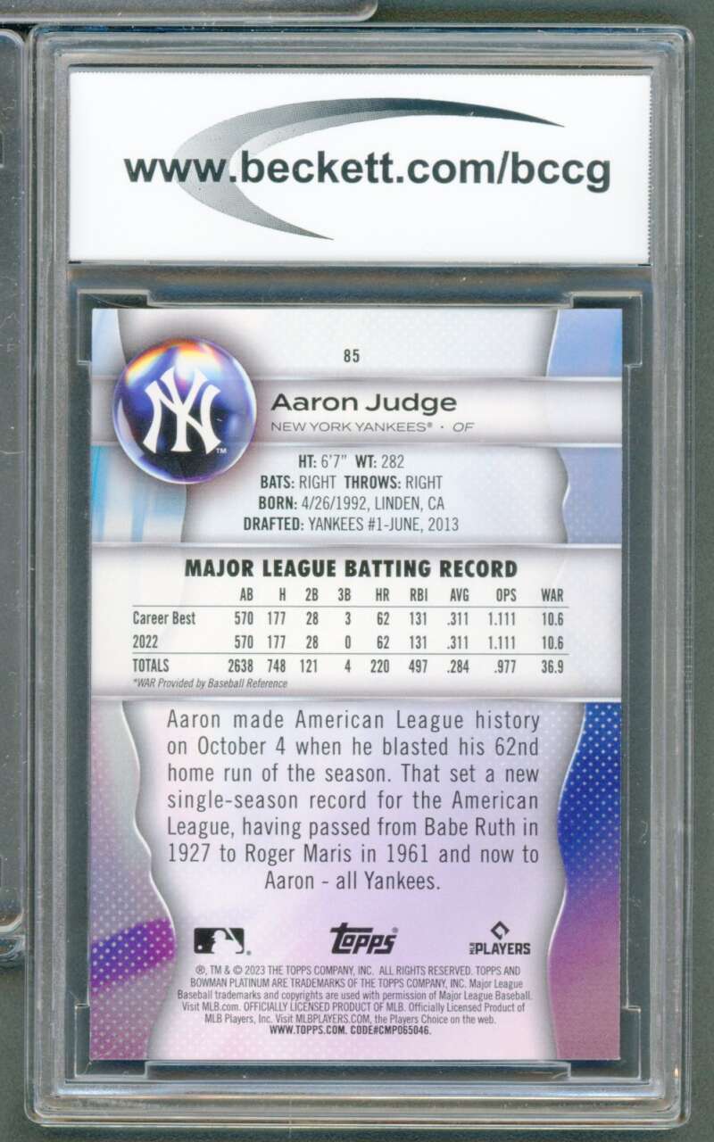 Aaron Judge Card 2023 Bowman Platinum #85 BGS BCCG 10 Image 2
