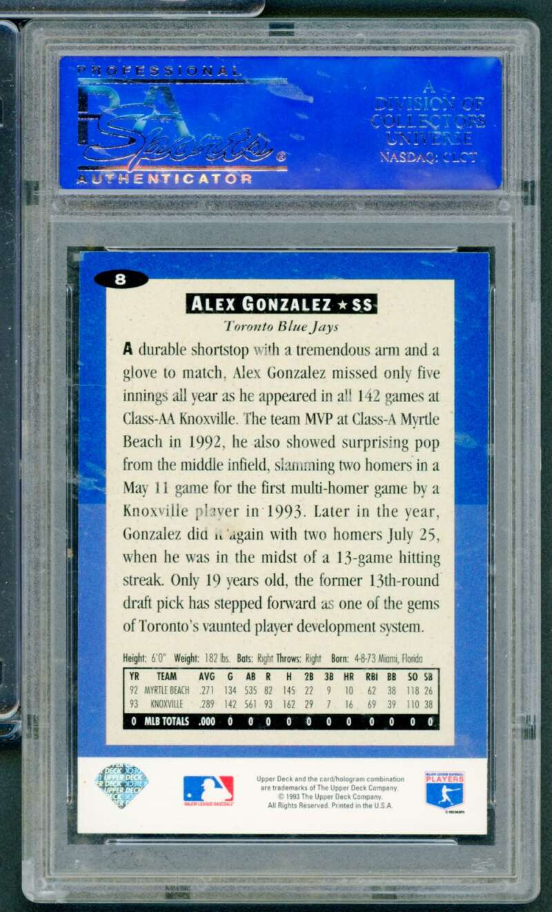 Alex Gonzalez Rookie Card 1994 Collector's Choice #8 PSA 8 (scratched holder) Image 2