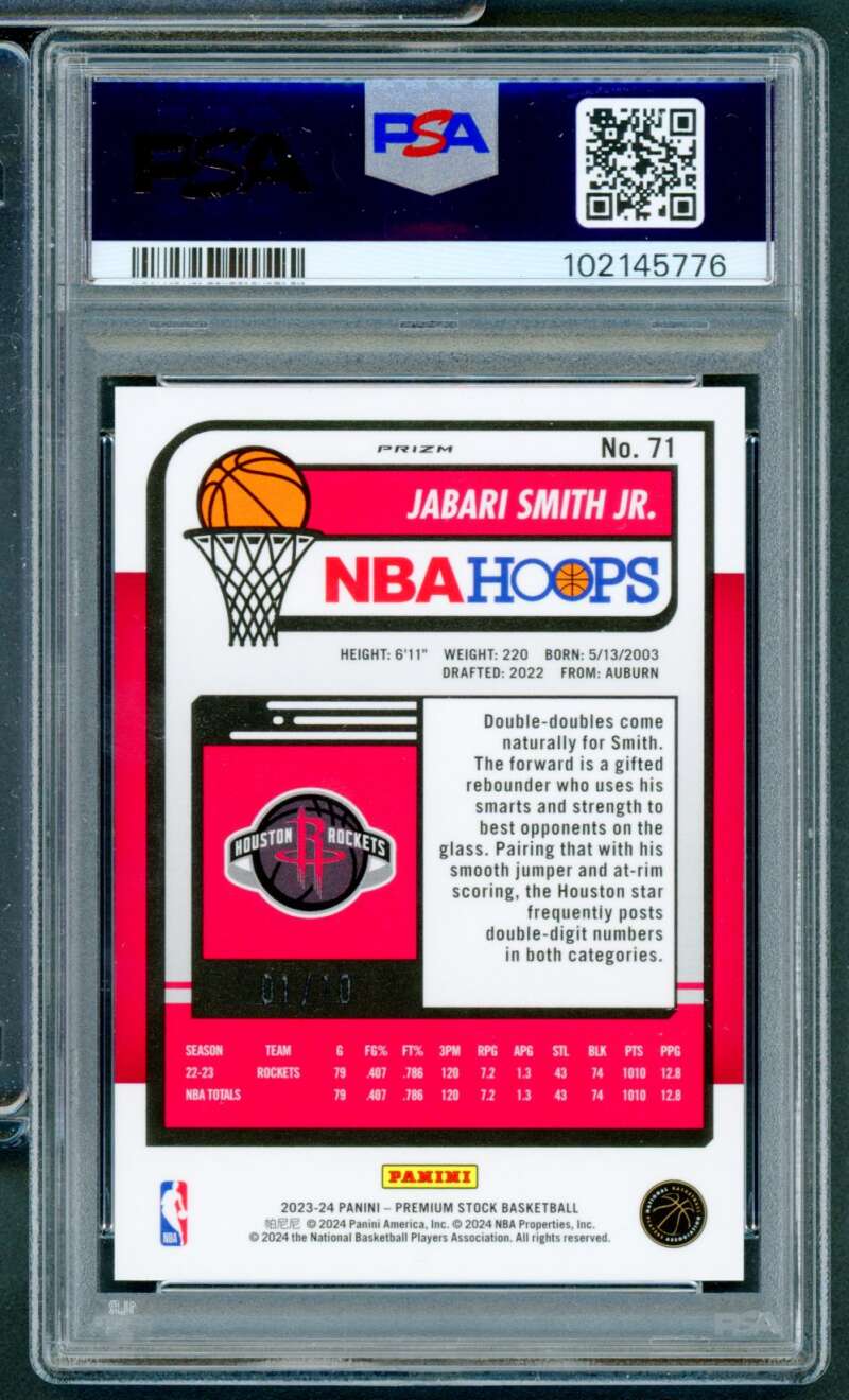 Jabari Smith Jr. Card 2023-24 Hoops Premium Stock Gold Prizm (1/10) #71 PSA 9 Image 2