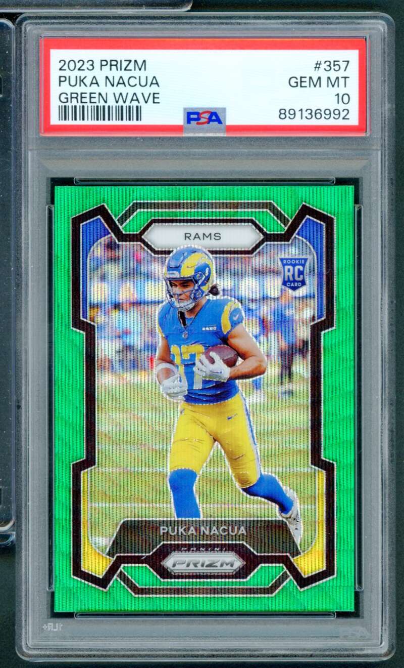 Puka Nacua Rookie Card 2023 Prizm Green Wave #357 PSA 10 Image 1