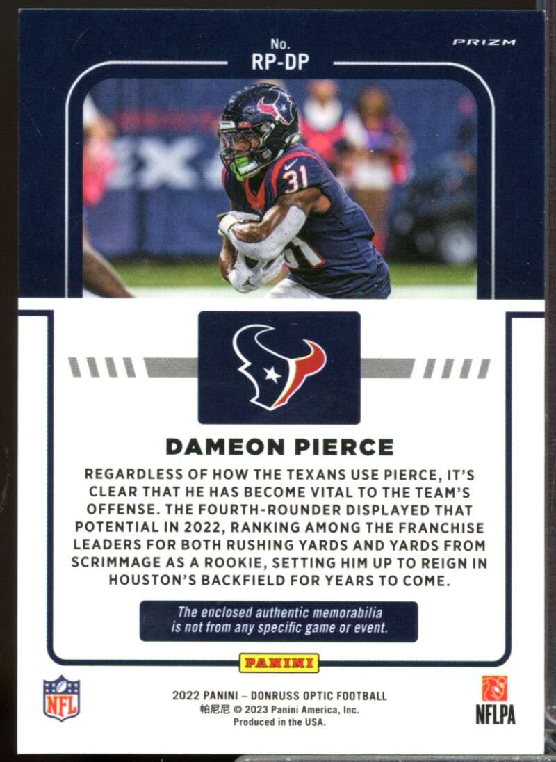 Dameon Pierce Card 2022 Donruss Optic Rookie Phenoms Jerseys Blue Hyper #40  Image 2