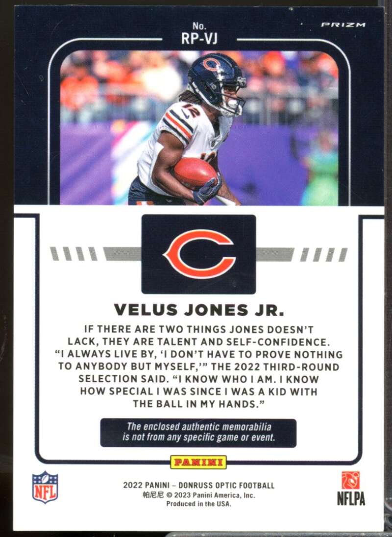 Velus Jones Jr. Card 2022 Donruss Optic Rookie Phenoms Jerseys Blue Hyper #30  Image 2