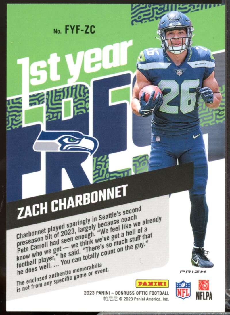 Zach Charbonnet 2023 Donruss Optic First Year Fresh Rookie JSY Blue Hyper #41  Image 2