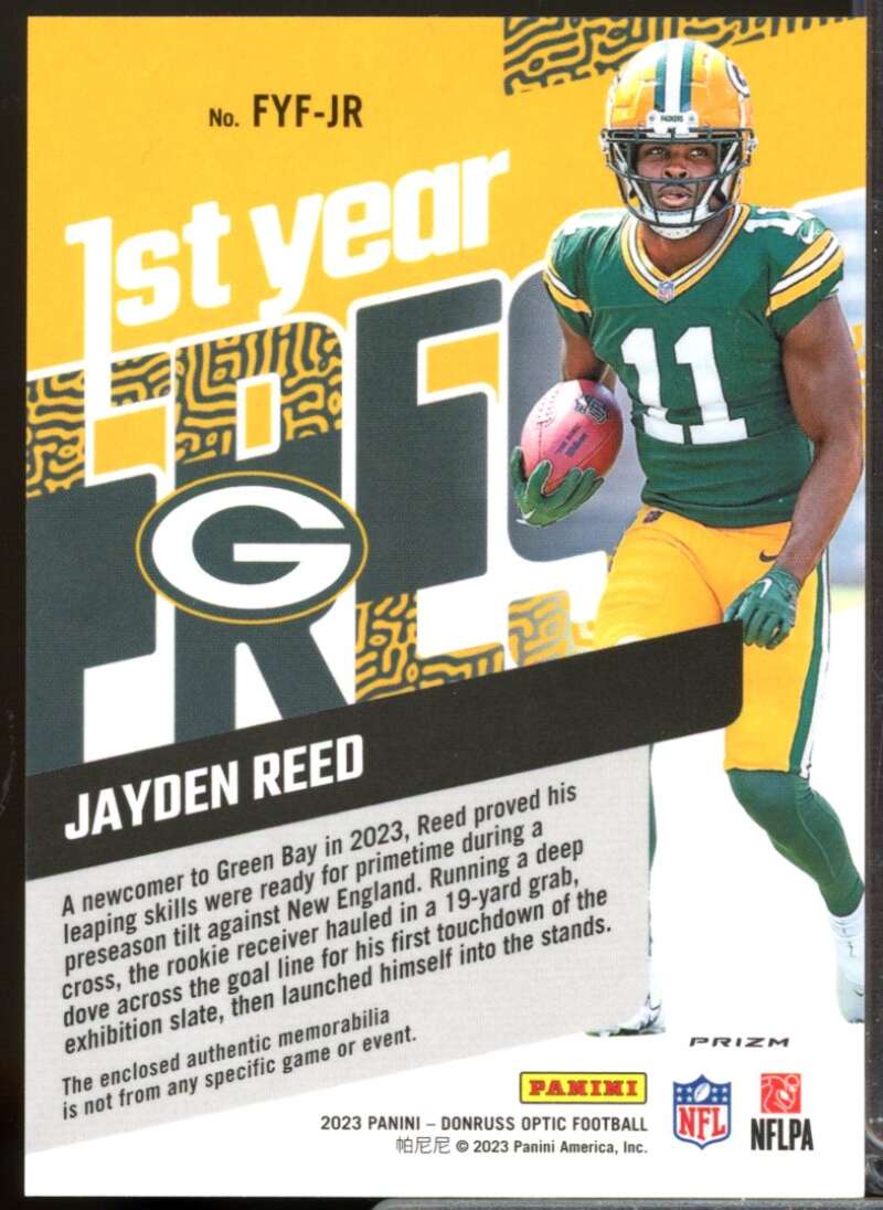 Jayden Reed 2023 Donruss Optic First Year Fresh Rookie Jerseys Blue Hyper #19  Image 2