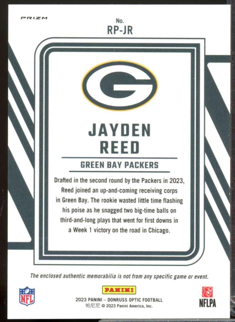 Jayden Reed Card 2023 Donruss Optic Rookie Phenoms Jerseys Blue Hyper #19  Image 2
